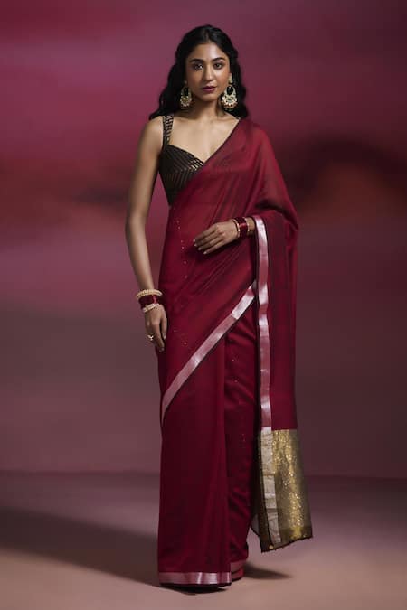 Dressfolk Heer Sequined Zari Border Handloom Cotton Saree with Running Blouse 