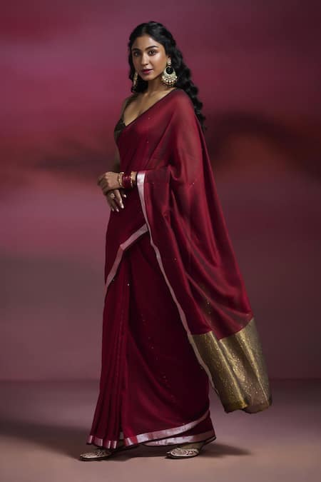 Shop_Dressfolk_Maroon Handloom Cotton Sequins, Zari Heer Border Saree With Running Blouse _Online_at_Aza_Fashions