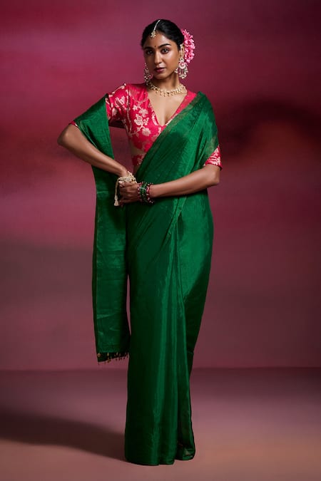 Dressfolk_Emerald Green Tissue Beads Tanu Handloom Saree With Running Blouse _Online_at_Aza_Fashions