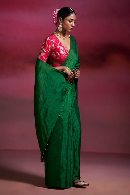 Shop_Dressfolk_Emerald Green Tissue Beads Tanu Handloom Saree With Running Blouse _Online_at_Aza_Fashions