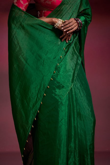 Dressfolk_Emerald Green Tissue Beads Tanu Handloom Saree With Running Blouse _at_Aza_Fashions