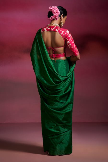 Dressfolk Tanu Emerald Green Handloom Tissue Saree with Running Blouse 