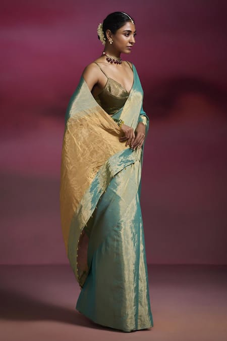Buy_Dressfolk_Blue Tissue Zari, Beads Bindu Handloom Saree With Running Blouse _Online_at_Aza_Fashions