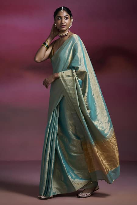 Dressfolk_Blue Tissue Zari, Beads Bindu Handloom Saree With Running Blouse _at_Aza_Fashions