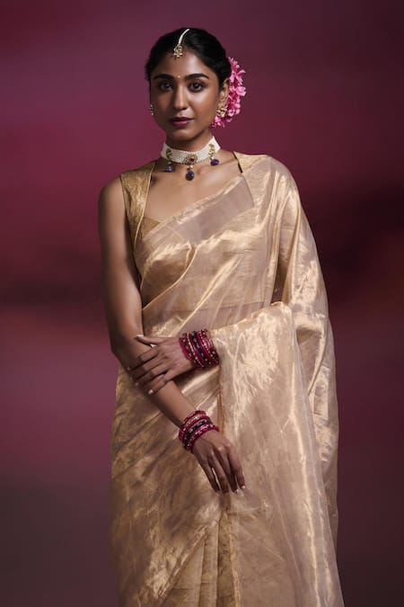 Buy_Dressfolk_Gold Tissue Nandini Handloom Saree With Running Blouse _Online_at_Aza_Fashions