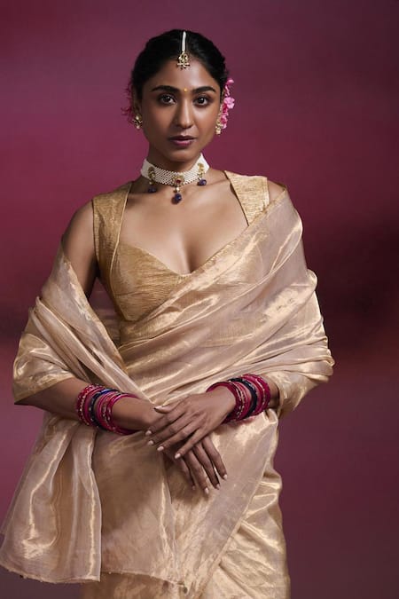 Shop_Dressfolk_Gold Tissue Nandini Handloom Saree With Running Blouse _Online_at_Aza_Fashions