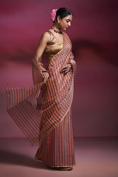 Buy_Dressfolk_Gold Handloom Cotton, Chanderi Zari, Mandira Striped Saree With Running Blouse _Online_at_Aza_Fashions