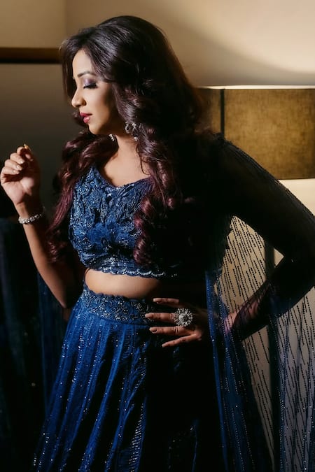 Buy Varun Chakkilam Blue Organza, Net Cut Work, Beads V-neck Midnight Petal Bloom Lehenga Set Buy_Varun Chakkilam_Blue Organza, Net Cut Work, Beads V-neck Midnight Petal Bloom Lehenga Set