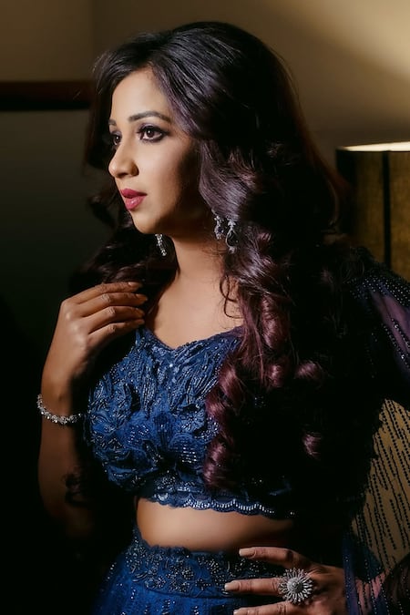 Shop Varun Chakkilam Blue Organza, Net Cut Work, Beads V-neck Midnight Petal Bloom Lehenga Set Shop_Varun Chakkilam_Blue Organza, Net Cut Work, Beads V-neck Midnight Petal Bloom Lehenga Set