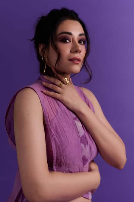 Shop_JAYATI GOENKA_Purple Chanderi Silk Embroidery Collared, Mandarin Printed Pant Set With Overlay 