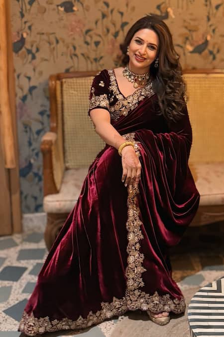 Sabe Floral Zardozi Embroidered Velvet Saree Set 