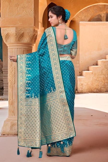 Shop_Samyukta Singhania_Turquoise Silk, Brocade Zari Sweetheart Neck Floral Woven Saree With Blouse _Online_at_Aza_Fashions