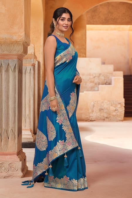 Shop_Samyukta Singhania_Blue Brocade, Silk Zari, Tassels Sweetheart Neck Bloom Pattern Saree With Blouse 