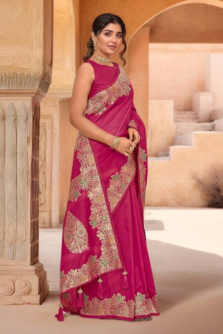Samyukta Singhania_Pink Brocade, Silk Zari, Tassels Boat Neck Bloom Woven Saree With Blouse _at_Aza_Fashions