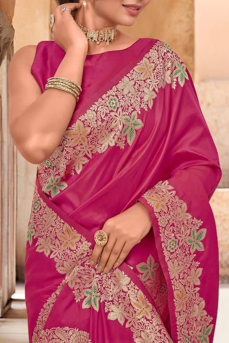 Shop_Samyukta Singhania_Pink Brocade, Silk Zari, Tassels Boat Neck Bloom Woven Saree With Blouse 