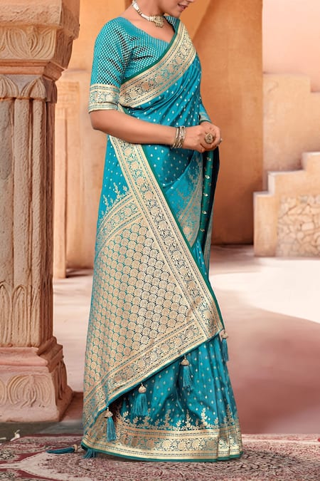 Samyukta Singhania_Turquoise Silk, Brocade Zari Sweetheart Neck Floral Woven Saree With Blouse _at_Aza_Fashions