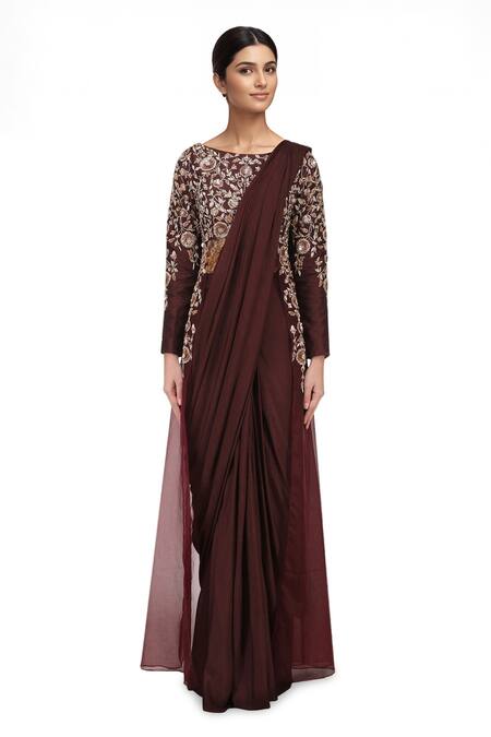 Masumi Mewawalla Brown Silk, Organza, Crepe Boat Pre-draped Saree With Blouse 