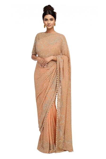 Rabani & Rakha Peach Foil Georgette Round Embellished Saree Set 
