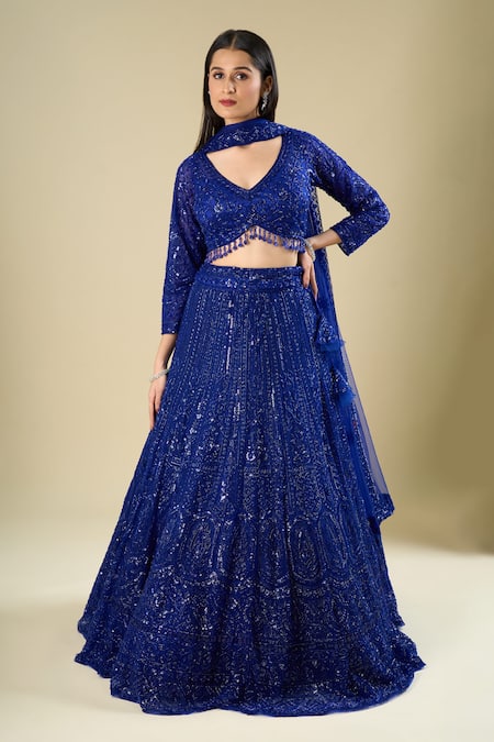 Buy_Azeera_Blue Net Sequins, Embroidery, Tassels V-neck Lehenga Set _Online_at_Aza_Fashions