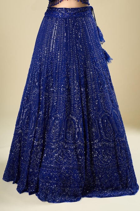 Shop_Azeera_Blue Net Sequins, Embroidery, Tassels V-neck Lehenga Set _Online_at_Aza_Fashions