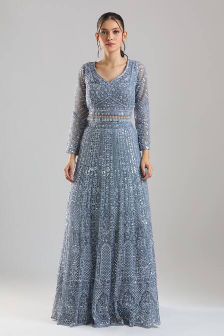 Azeera_Silver Net Embroidery, Sequins V-neck Lehenga Set _Online_at_Aza_Fashions