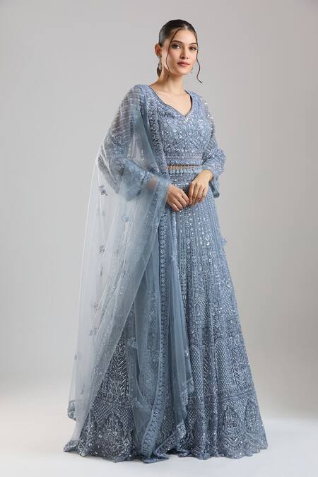 Buy_Azeera_Silver Net Embroidery, Sequins V-neck Lehenga Set _Online_at_Aza_Fashions