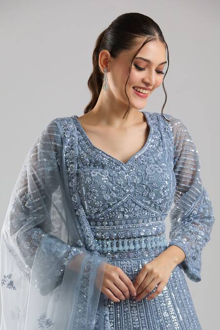 Shop_Azeera_Silver Net Embroidery, Sequins V-neck Lehenga Set _Online_at_Aza_Fashions