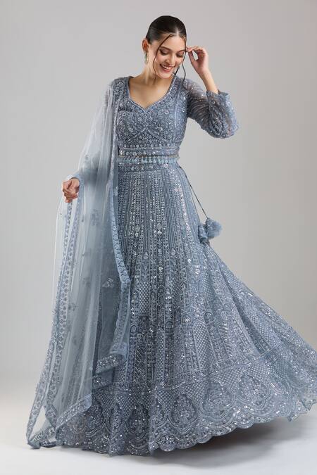 Azeera_Silver Net Embroidery, Sequins V-neck Lehenga Set _at_Aza_Fashions