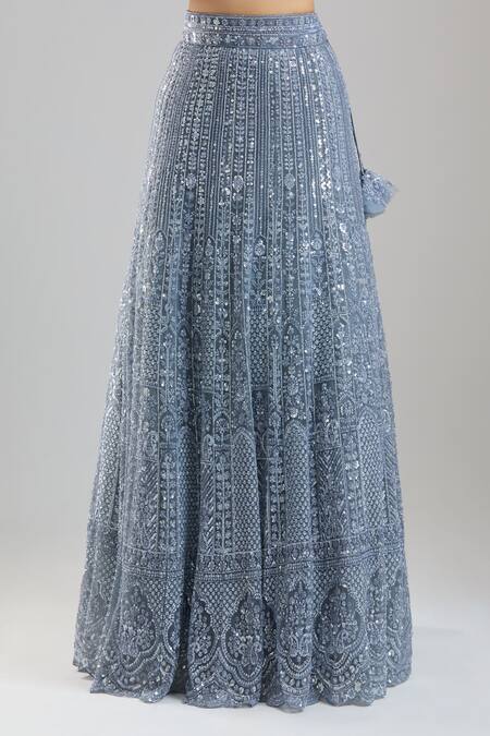 Buy_Azeera_Silver Net Embroidery, Sequins V-neck Lehenga Set 