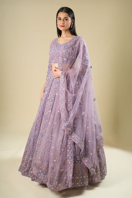 Buy Azeera Purple Net Embroidery, Sequins, Zari, Pearls V-neck Lavender Lehenga Set Online at Aza Fashions Buy_Azeera_Purple Net Embroidery, Sequins, Zari, Pearls V-neck Lavender Lehenga Set _Online_at_Aza_Fashions