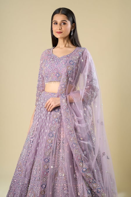 Shop Azeera Purple Net Embroidery, Sequins, Zari, Pearls V-neck Lavender Lehenga Set Online at Aza Fashions Shop_Azeera_Purple Net Embroidery, Sequins, Zari, Pearls V-neck Lavender Lehenga Set _Online_at_Aza_Fashions