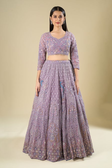 Azeera Purple Net Embroidery, Sequins, Zari, Pearls V-neck Lavender Lehenga Set at Aza Fashions Azeera_Purple Net Embroidery, Sequins, Zari, Pearls V-neck Lavender Lehenga Set _at_Aza_Fashions