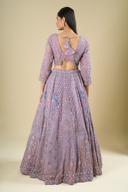 Shop Azeera Purple Net Embroidery, Sequins, Zari, Pearls V-neck Lavender Lehenga Set at Aza Fashions Shop_Azeera_Purple Net Embroidery, Sequins, Zari, Pearls V-neck Lavender Lehenga Set _at_Aza_Fashions