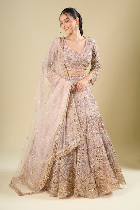 Shop_Azeera_Peach Net Sequins, Embroidery, Zari V-neck Lehenga Set _Online_at_Aza_Fashions