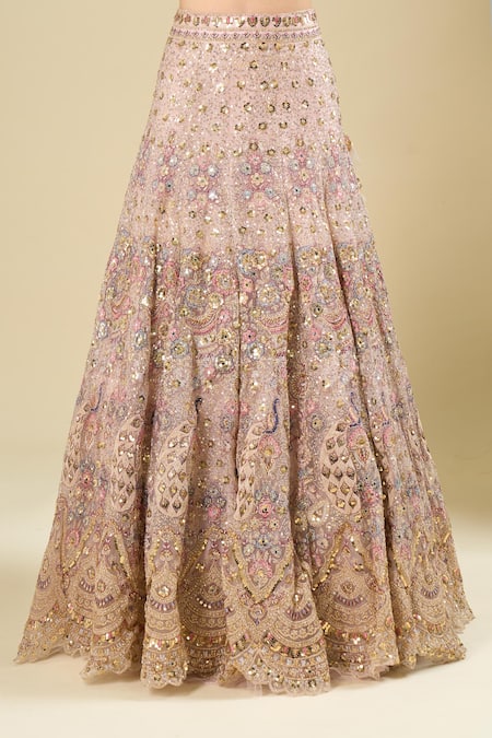 Azeera_Peach Net Sequins, Embroidery, Zari V-neck Lehenga Set _at_Aza_Fashions