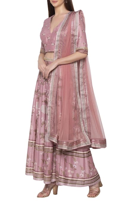 Buy_Soup By Sougat Paul_Pink Net, Chanderi V Neck Printed Lehenga Set 