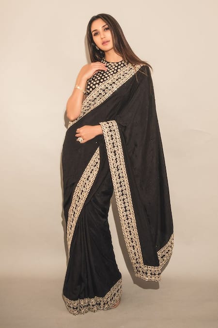 Ashutosh Joshi Black Silk, Net, Crepe Sequins, Piping, Embroidery, Amrutha Hand Saree Set 