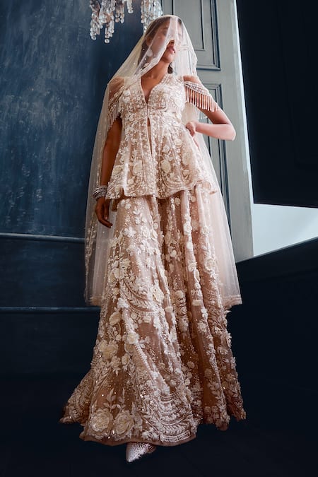 Buy_Seema Gujral_Beige Net 3d Floral Motifs Plunge V Neck Embroidered Kurta Sharara Set 