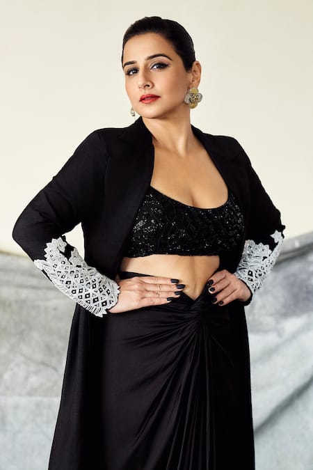 Ashutosh Joshi Black Silk, Net, Bemberg, Crepe Beads, Embroidery, Placement Jacket And Skirt Set 