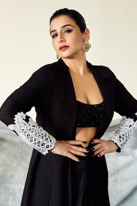 Shop_Ashutosh Joshi_Black Silk, Net, Bemberg, Crepe Beads, Embroidery, Placement Jacket And Skirt Set 