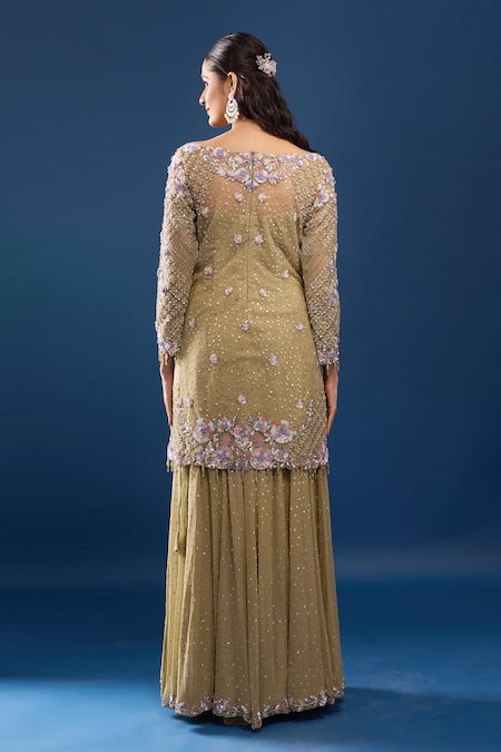 Shop Azeera Green Net, Georgette Embroidery, Sequins, Beads Boat Pista Kurta Sharara Set at Aza Fashions Shop_Azeera_Green Net, Georgette Embroidery, Sequins, Beads Boat Pista Kurta Sharara Set _at_Aza_Fashions