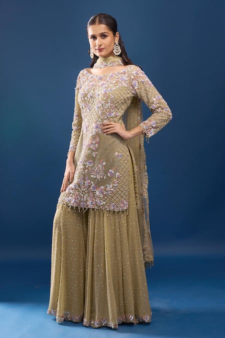 Azeera Green Net, Georgette Embroidery, Sequins, Beads Boat Pista Kurta Sharara Set 
