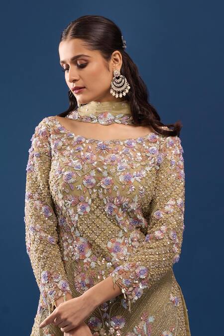 Azeera Green Net, Georgette Embroidery, Sequins, Beads Boat Pista Kurta Sharara Set Online at Aza Fashions Azeera_Green Net, Georgette Embroidery, Sequins, Beads Boat Pista Kurta Sharara Set _Online_at_Aza_Fashions
