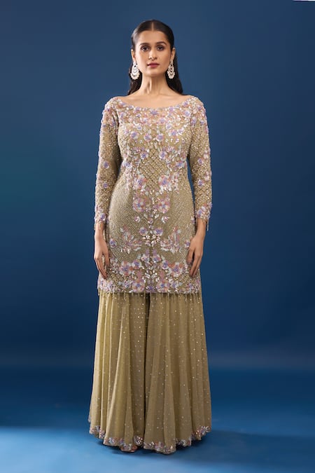 Buy Azeera Green Net, Georgette Embroidery, Sequins, Beads Boat Pista Kurta Sharara Set Online at Aza Fashions Buy_Azeera_Green Net, Georgette Embroidery, Sequins, Beads Boat Pista Kurta Sharara Set _Online_at_Aza_Fashions
