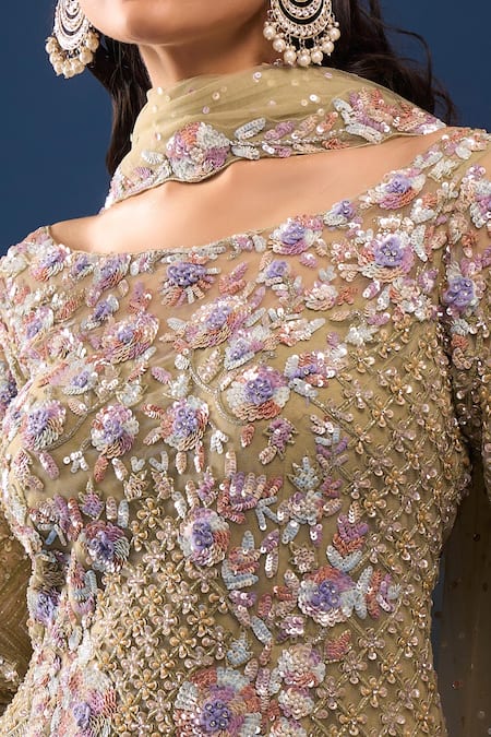 Azeera Green Net, Georgette Embroidery, Sequins, Beads Boat Pista Kurta Sharara Set at Aza Fashions Azeera_Green Net, Georgette Embroidery, Sequins, Beads Boat Pista Kurta Sharara Set _at_Aza_Fashions