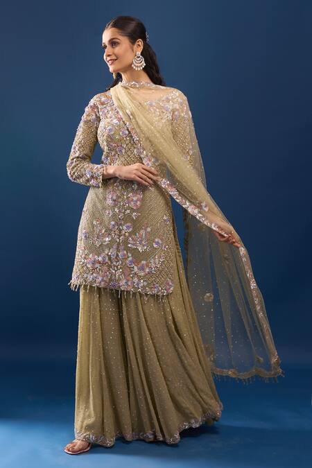Buy Azeera Green Net, Georgette Embroidery, Sequins, Beads Boat Pista Kurta Sharara Set Buy_Azeera_Green Net, Georgette Embroidery, Sequins, Beads Boat Pista Kurta Sharara Set