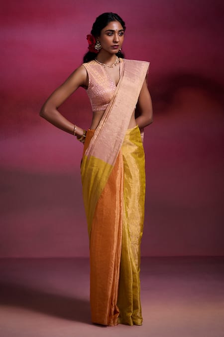 Shop Dressfolk Yellow Tissue Beads Sahibjaan Handloom Saree With Running Blouse Online at Aza Fashions Shop_Dressfolk_Yellow Tissue Beads Sahibjaan Handloom Saree With Running Blouse _Online_at_Aza_Fashions