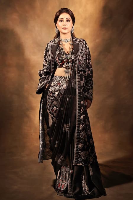 Gazab by Miku Kumar Black Modal, Satin Collared, Nyrah Print Pre-draped Pant Saree And Jacket Set 