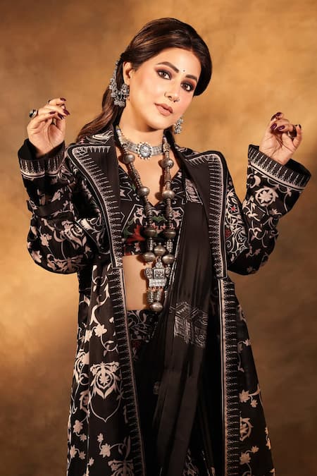 Shop_Gazab by Miku Kumar_Black Modal, Satin Collared, Nyrah Print Pre-draped Pant Saree And Jacket Set 