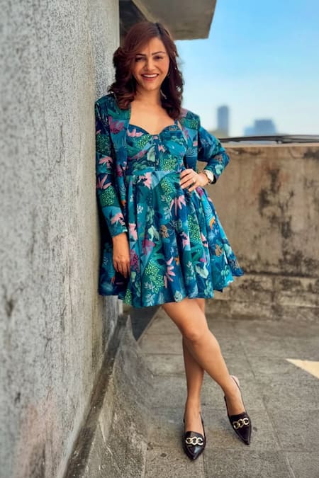 Gazab by Miku Kumar Blue Georgette, Chanderi Silk Sweetheart La Villette Paris Jacket With Dress 